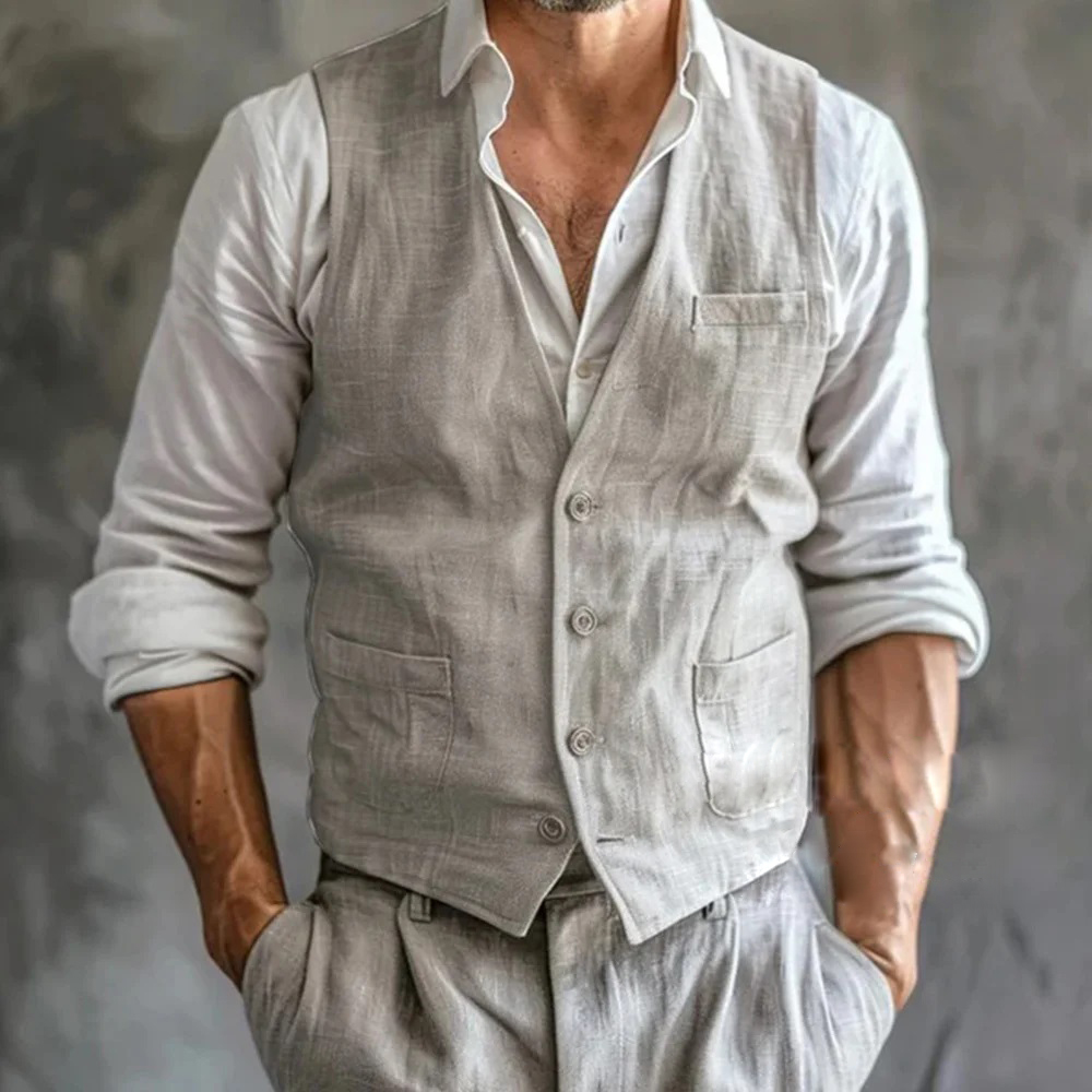 Formal Waistcoat Vest - Herren-Leinenweste, Sommer-Männerweste, hochwertig, grau, kühl, atmungsaktiv,