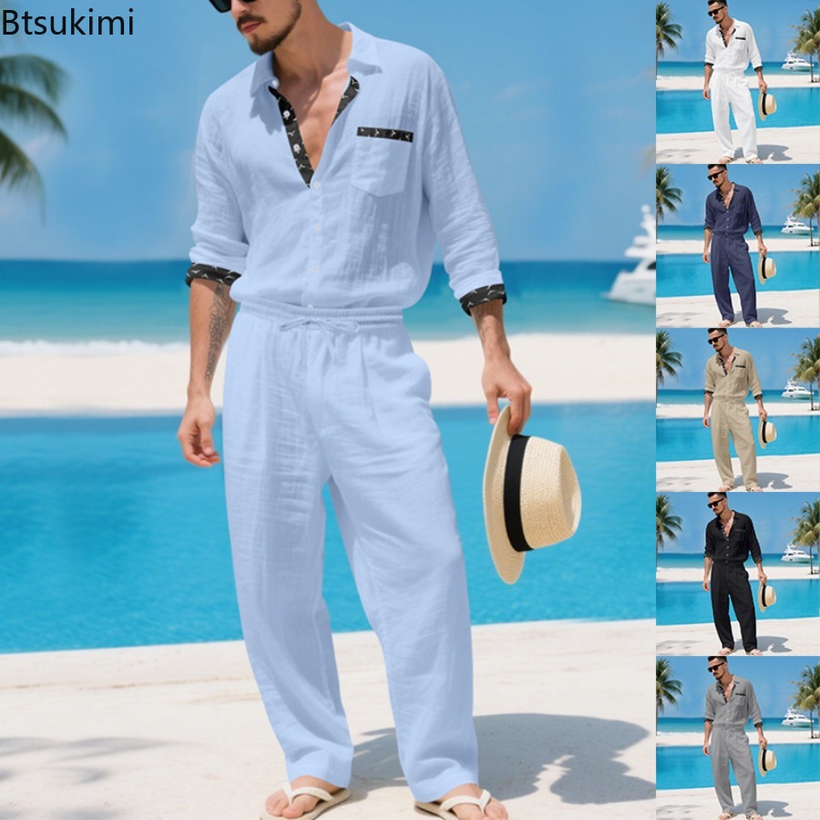 Linen Shirt Summer - 2026 Herren Leinenmischung Hawaii-Hemd & Hose