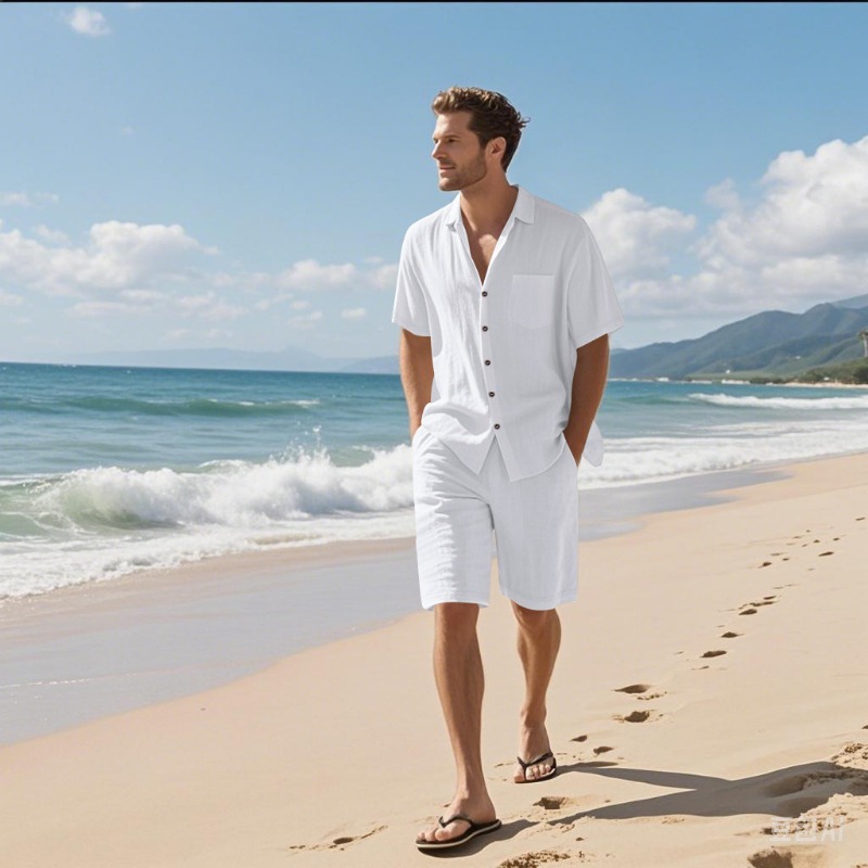 Linen Shirt Summer - Herren-Set aus Leinenmischung mit Camp-Kragen-Hemd und