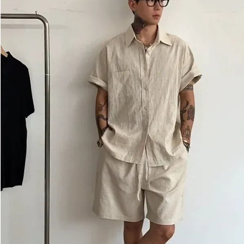 Linen Shirt Summer - Herren Leinen-Baumwoll-Set, 2-teilig, lockeres Kurzarmhemd und