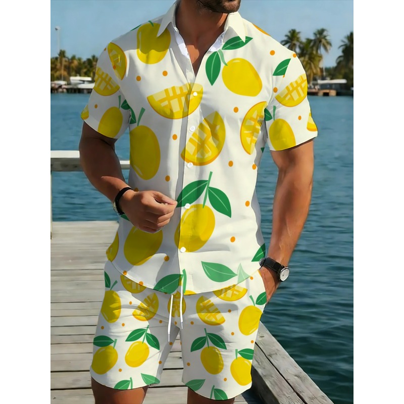 Linen Shirt Summer - Herren Leinen-Print Kurzarmhemd und Shorts Set