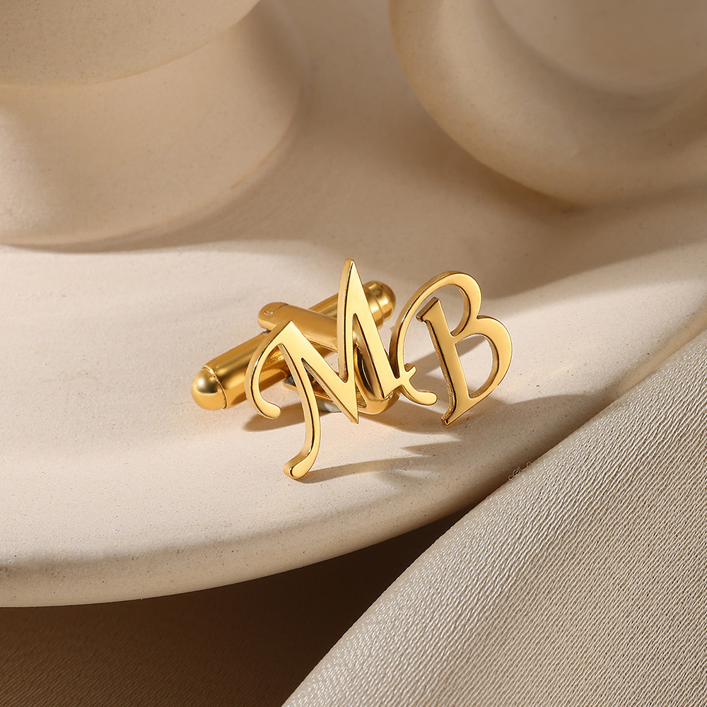 Men'S Fashion Gold Chain - Maßgeschneiderte Anfangsbuchstaben-Manschettenknöpfe für Männer, goldfarben, Edelstahl,