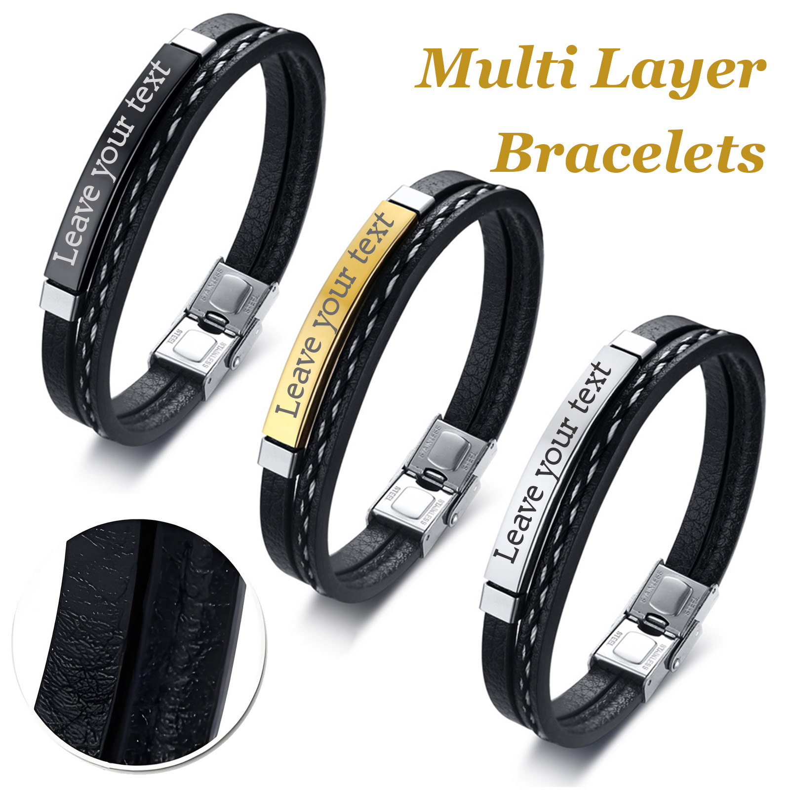 Men'S Fashion Gold Chain - Doppellagiges Armband aus geflochtenem PU-Leder mit