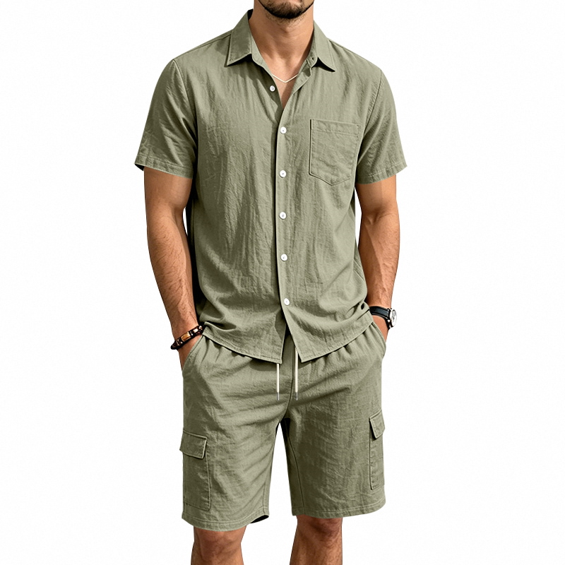 Linen Shirt Summer - Herren Sommer Amerikanisches Leinen Zweiteiler Set